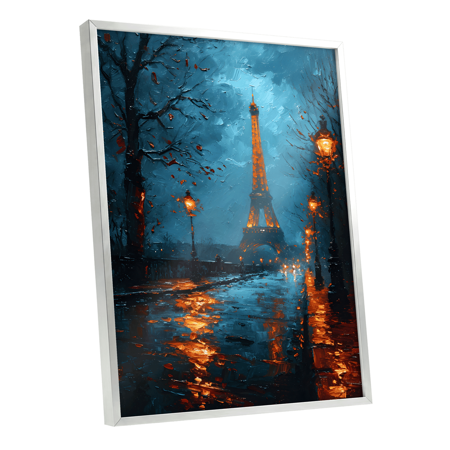 Paris After Rain, black, blue, orange abstract wall art shown as a silver framed poster wall art print