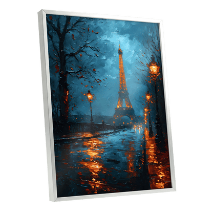 Paris After Rain, black, blue, orange abstract wall art shown as a silver framed poster wall art print