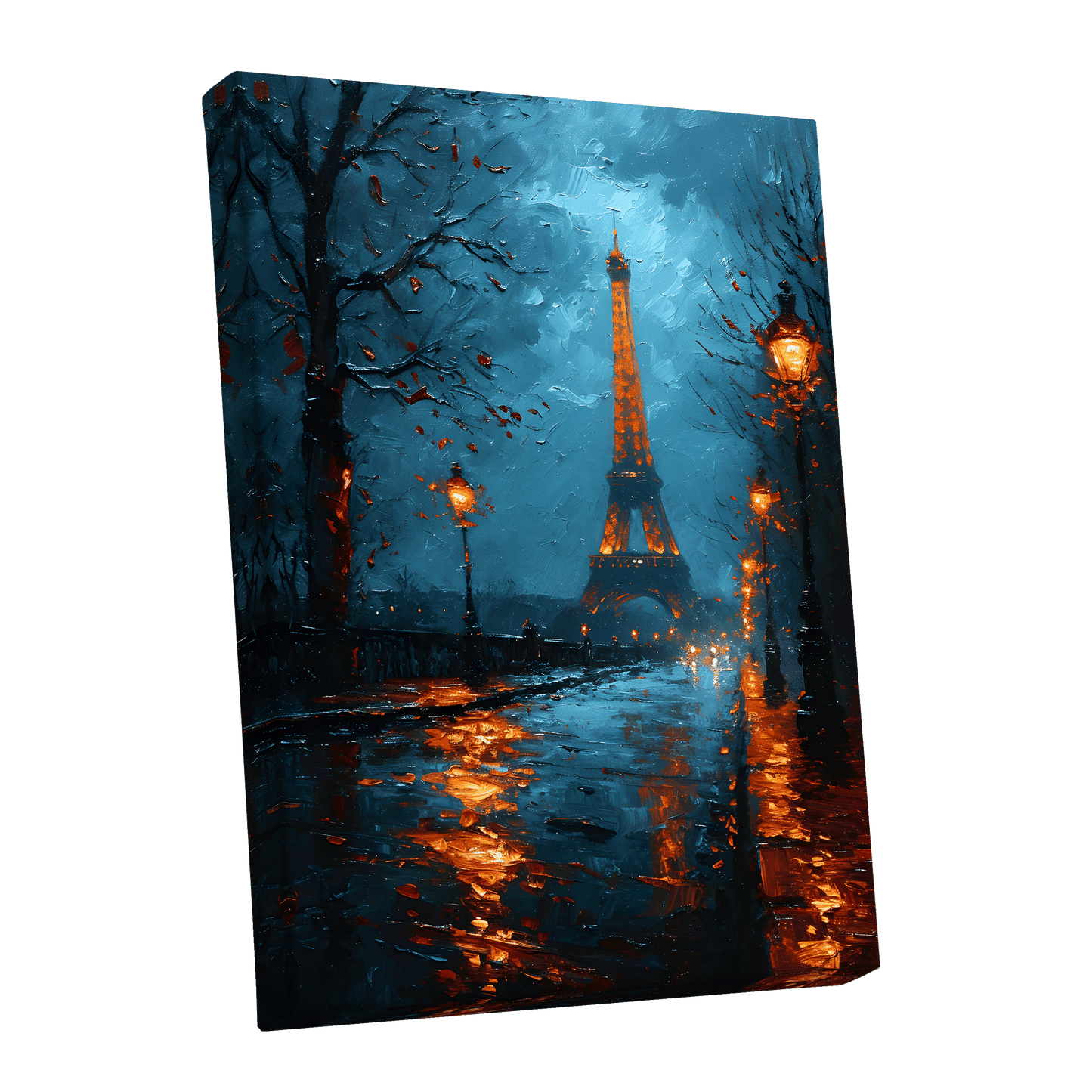 Paris After Rain, black, blue, orange abstract wall art shown as a stretched canvas wall art