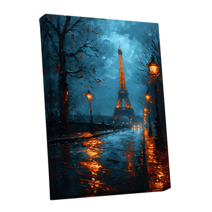 Paris After Rain, black, blue, orange abstract wall art shown as a stretched canvas wall art