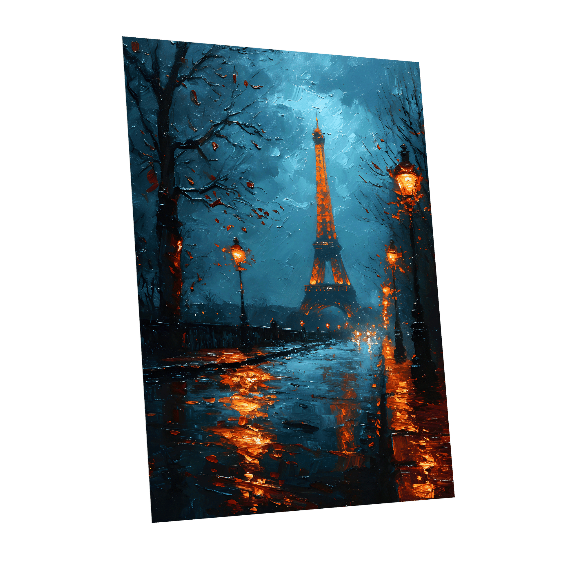 Paris After Rain, black, blue, orange abstract wall art shown as a unframed poster wall art print