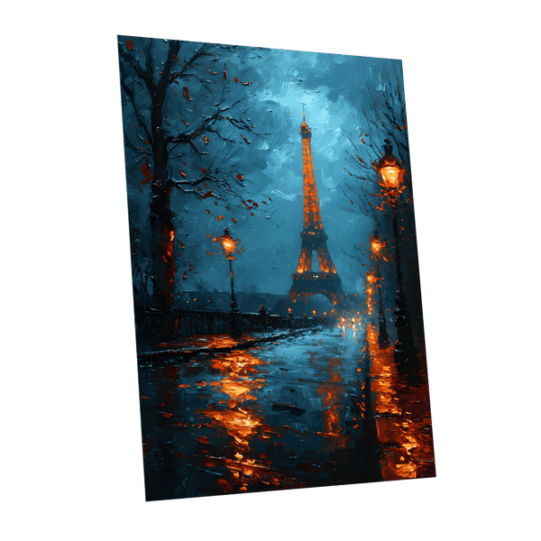 Paris After Rain, black, blue, orange abstract wall art shown as a unframed poster wall art print