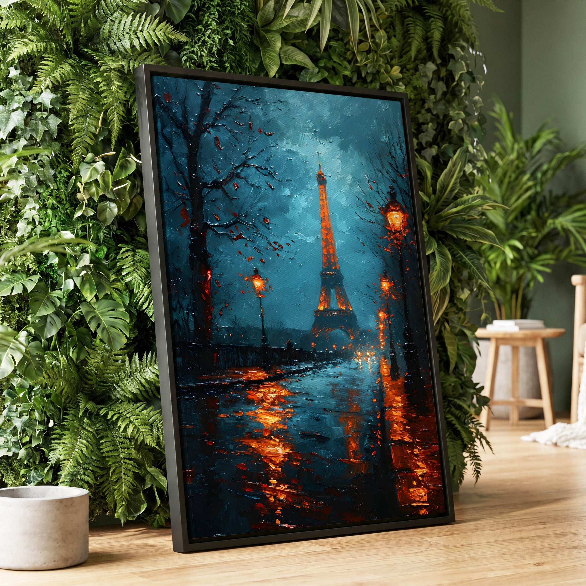 Paris After Rain, black, blue, orange abstract wall art displayed in a styled interior, gallery view 1