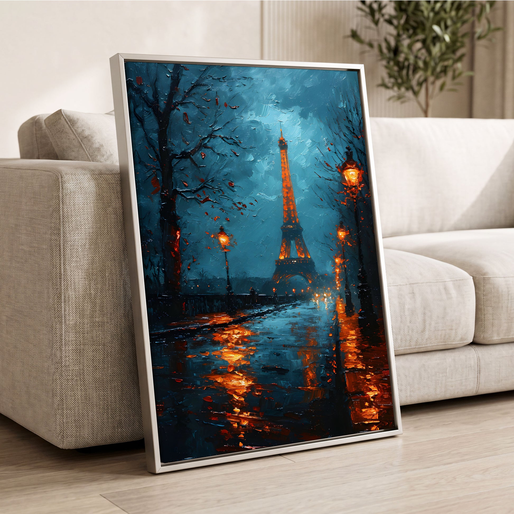 Paris After Rain, black, blue, orange abstract wall art displayed in a styled interior, gallery view 2