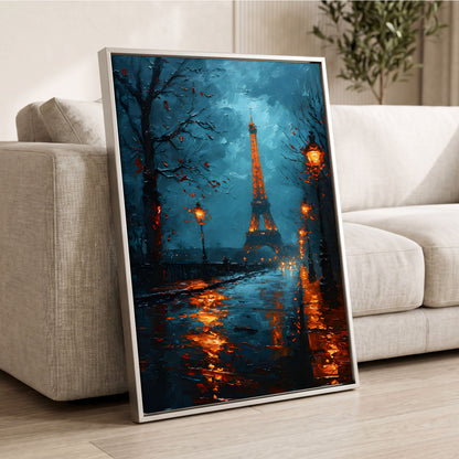 Paris After Rain, black, blue, orange abstract wall art displayed in a styled interior, gallery view 2