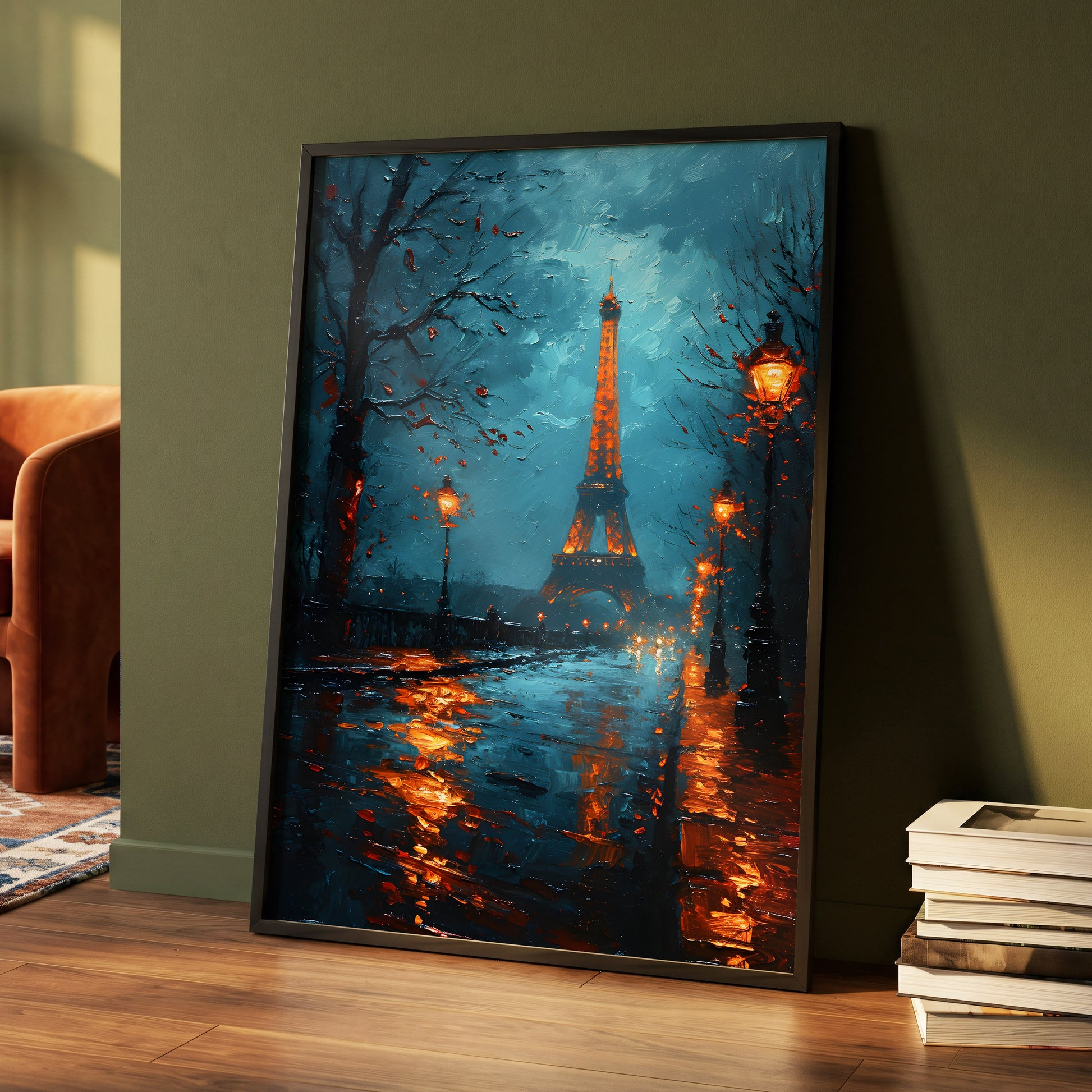 Paris After Rain, black, blue, orange abstract wall art displayed in a styled interior, gallery view 4