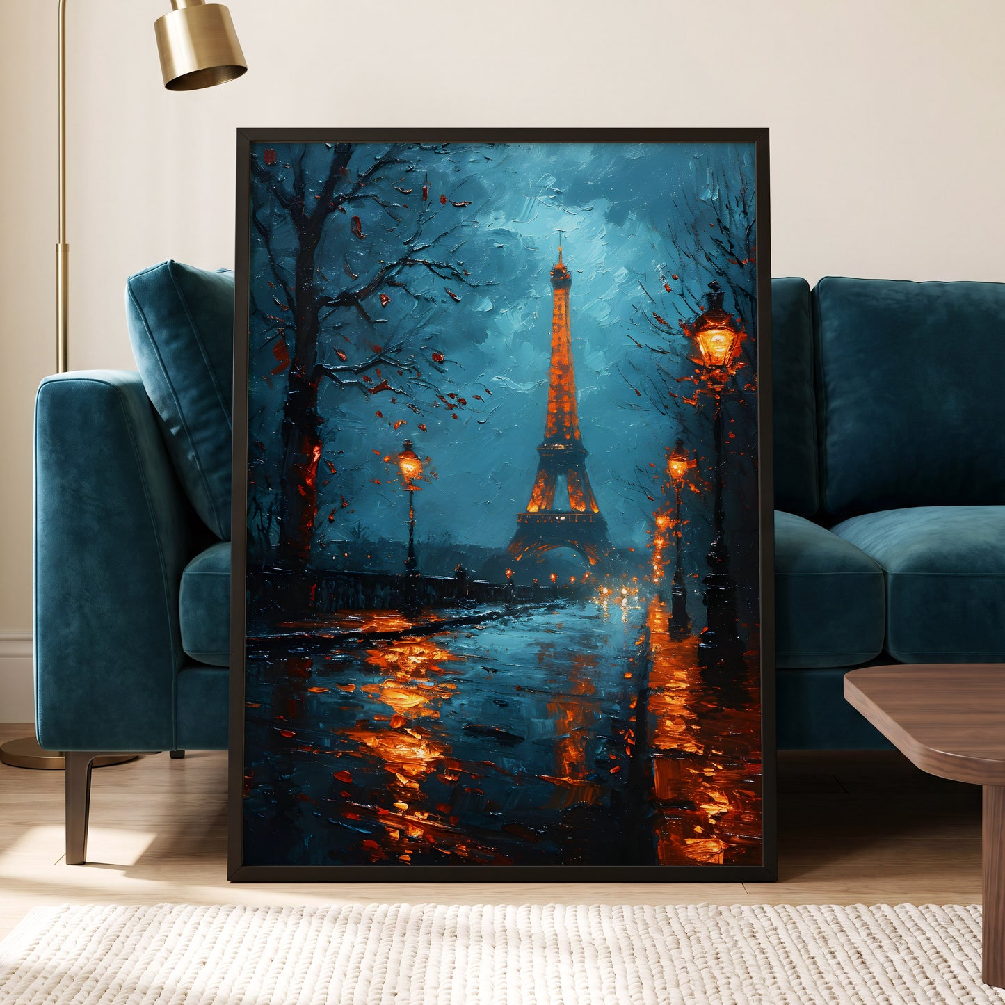 Paris After Rain, black, blue, orange abstract wall art displayed in a styled interior, gallery view 6