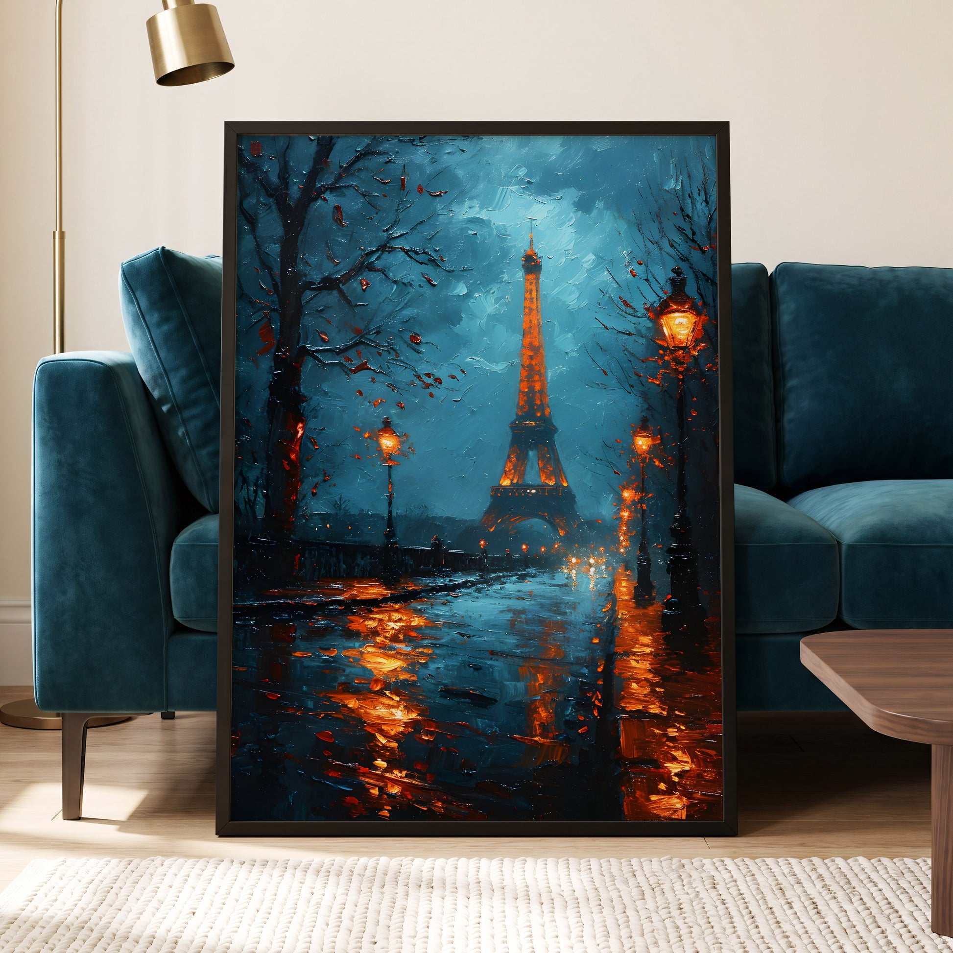 Paris After Rain, black, blue, orange abstract wall art displayed in a styled interior, gallery view 6