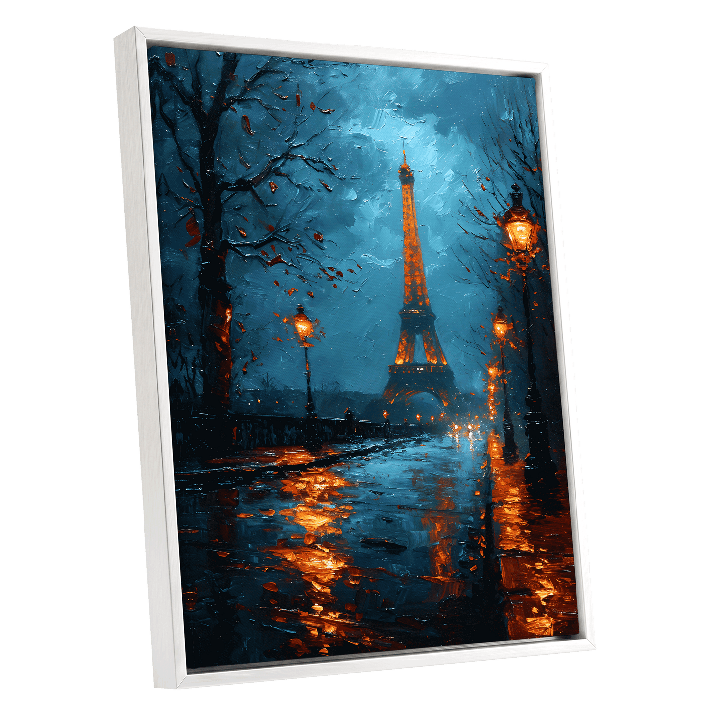 Paris After Rain, black, blue, orange abstract wall art shown as a white framed canvas wall art