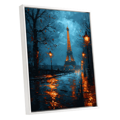 Paris After Rain, black, blue, orange abstract wall art shown as a white framed canvas wall art