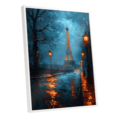 Paris After Rain, black, blue, orange abstract wall art shown as a white framed poster wall art print