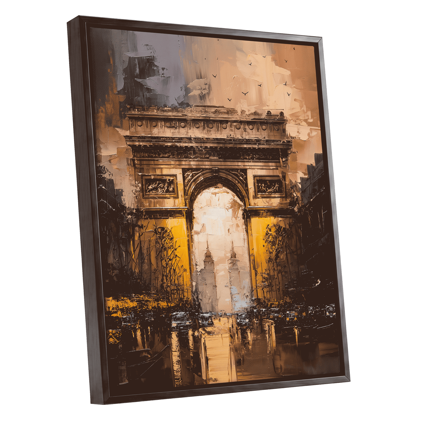 Parisian Passage, black, brown, gold abstract wall art shown as a black framed canvas wall art