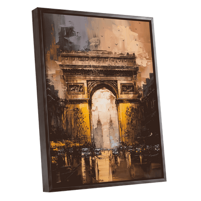 Parisian Passage, black, brown, gold abstract wall art shown as a black framed canvas wall art