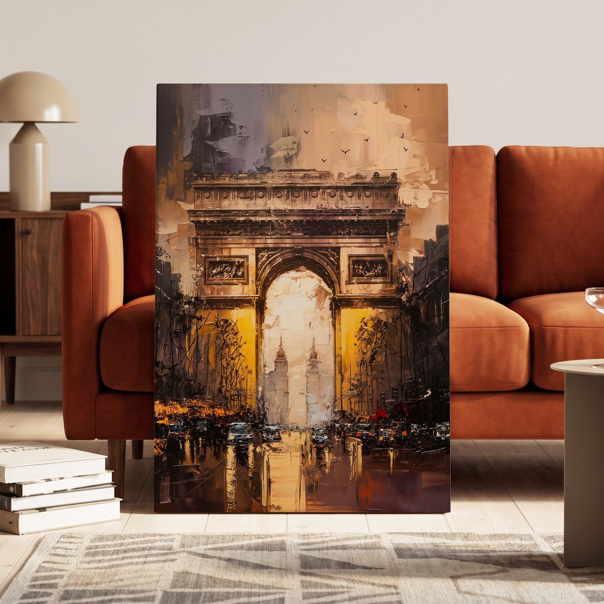 Parisian Passage, black, brown, gold abstract wall art on canvas displayed in a styled interior, gallery view 1