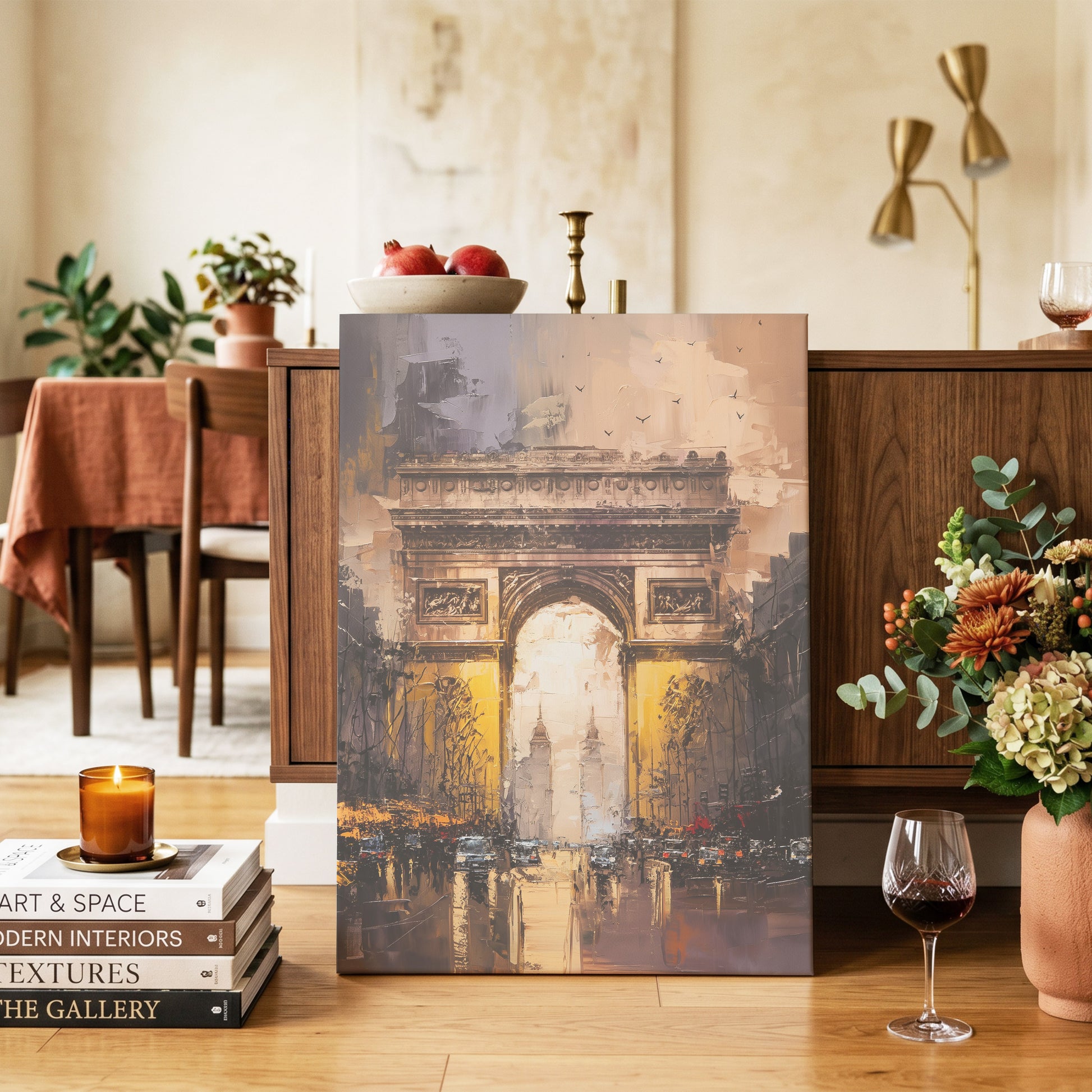 Parisian Passage, black, brown, gold abstract wall art on canvas displayed in a styled interior, gallery view 2