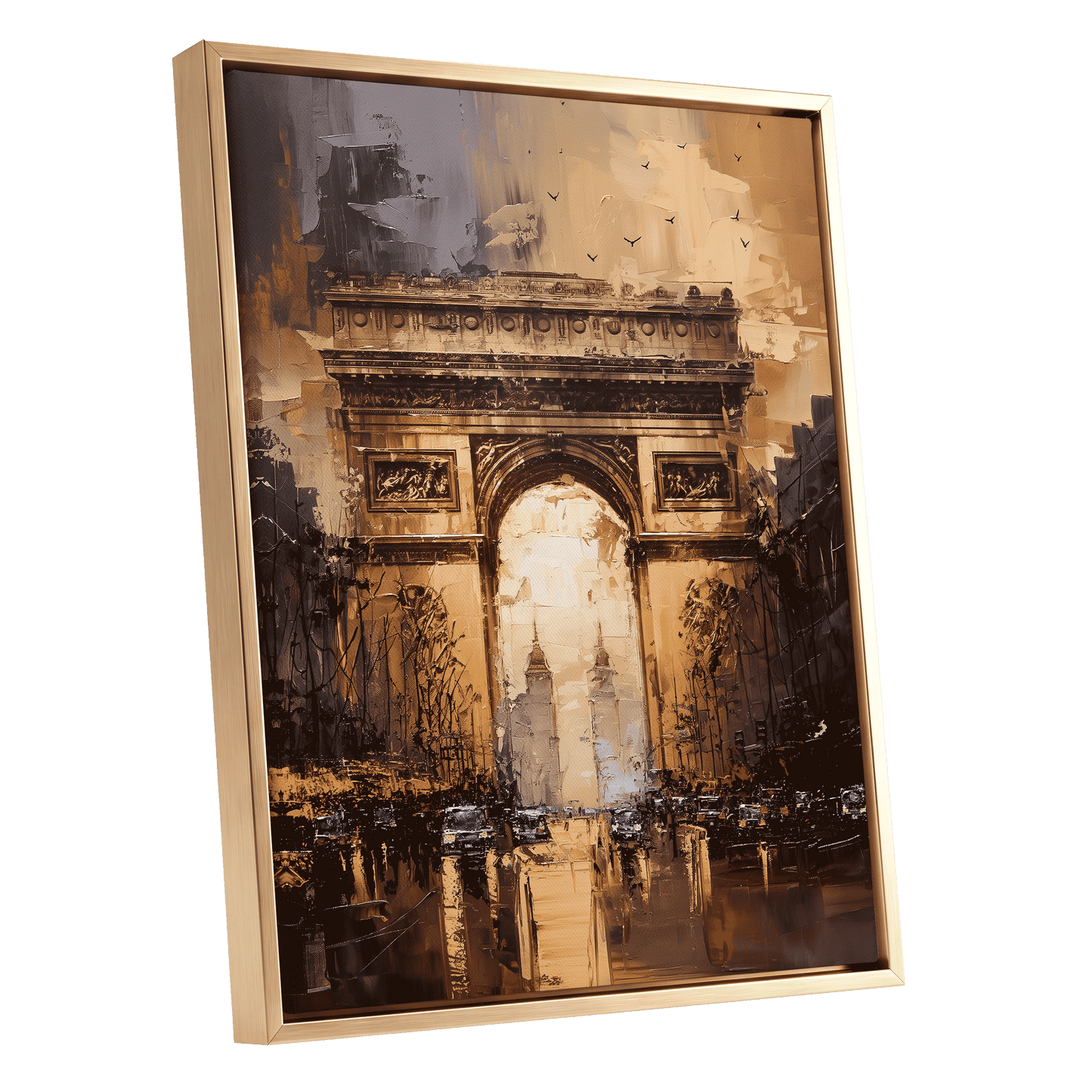 Parisian Passage, black, brown, gold abstract wall art shown as a gold framed canvas wall art
