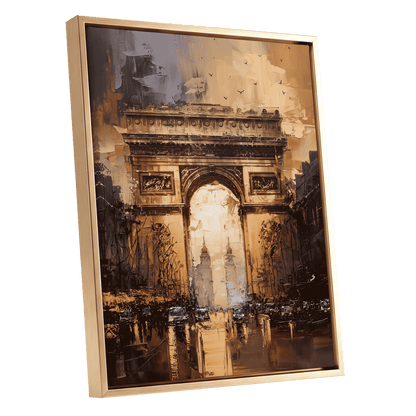 Parisian Passage, black, brown, gold abstract wall art shown as a gold framed canvas wall art