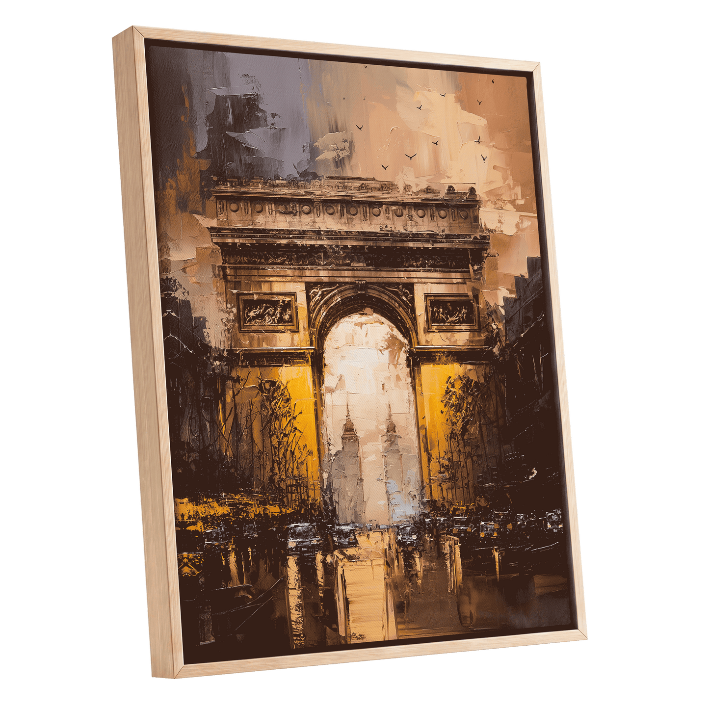 Parisian Passage, black, brown, gold abstract wall art shown as a oak framed canvas wall art
