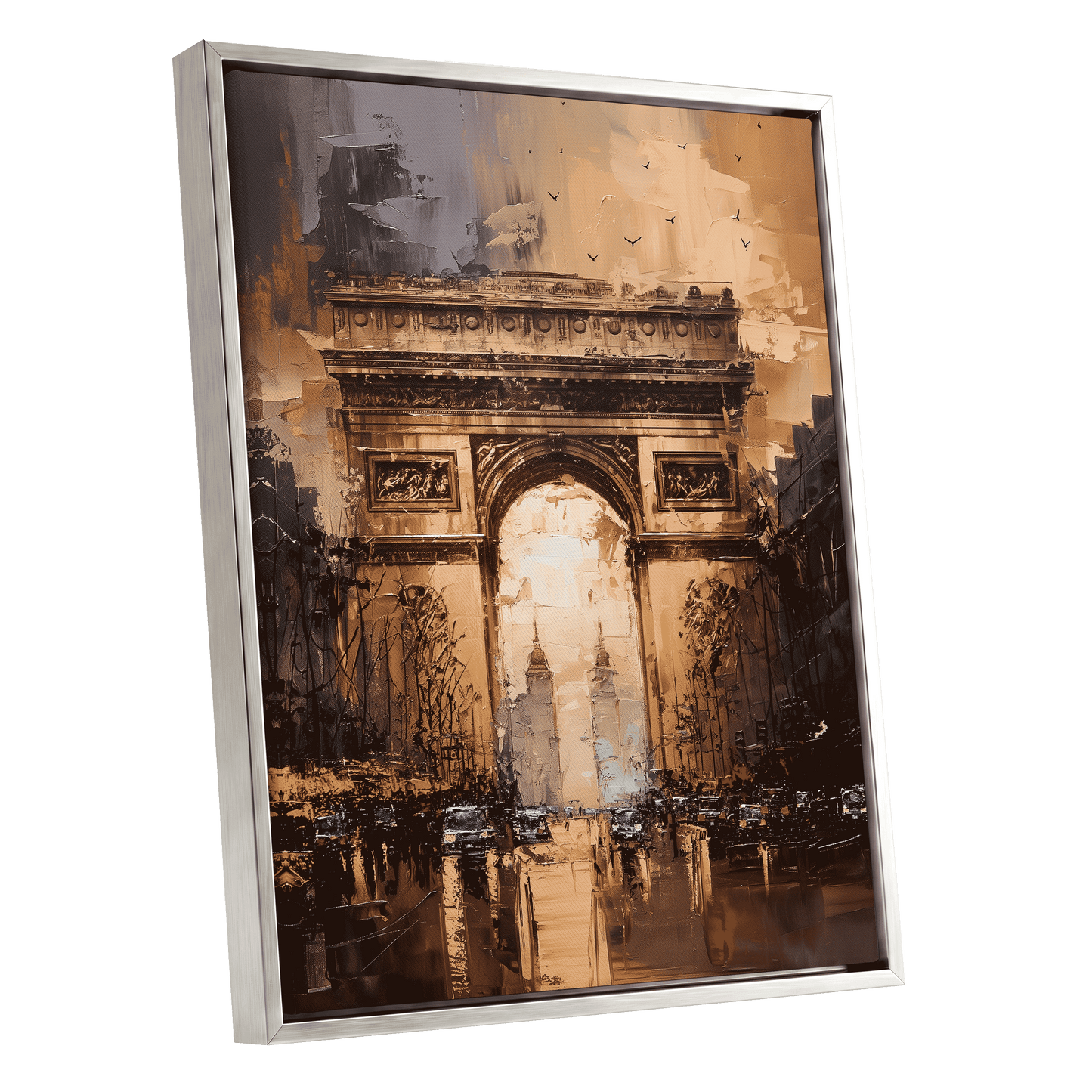 Parisian Passage, black, brown, gold abstract wall art shown as a silver framed canvas wall art