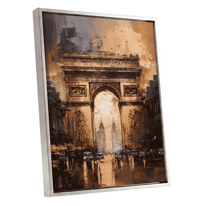 Parisian Passage, black, brown, gold abstract wall art shown as a silver framed canvas wall art