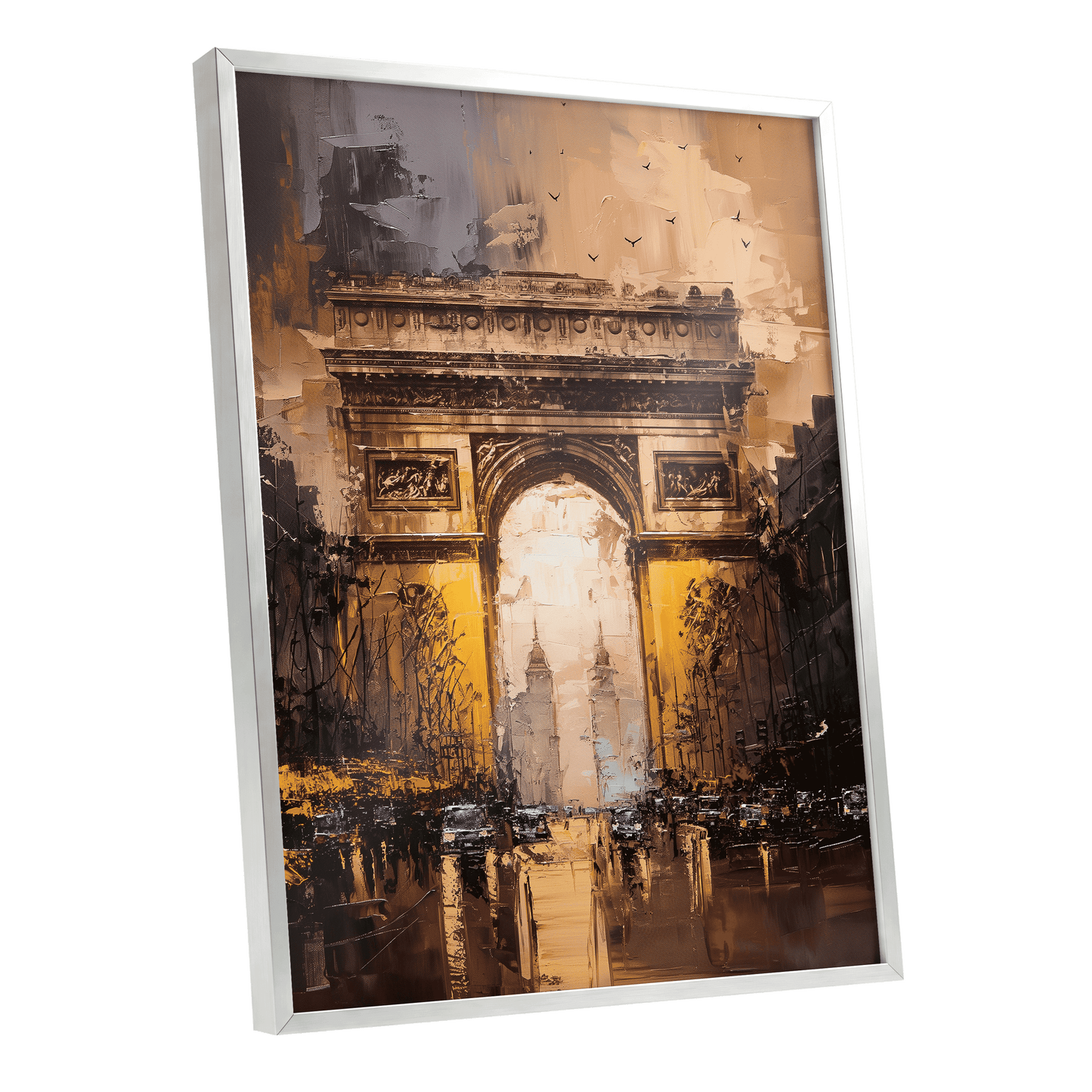 Parisian Passage, black, brown, gold abstract wall art shown as a silver framed poster wall art print