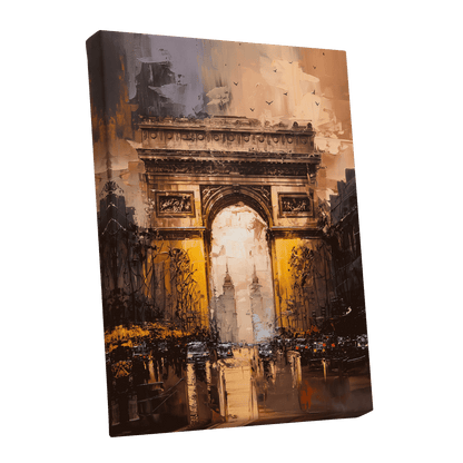 Parisian Passage, black, brown, gold abstract wall art shown as a stretched canvas wall art