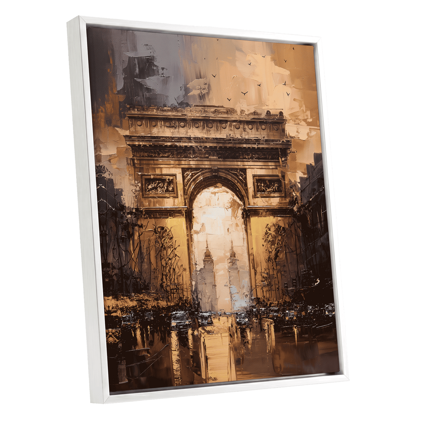 Parisian Passage, black, brown, gold abstract wall art shown as a white framed canvas wall art