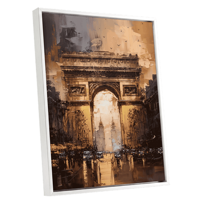 Parisian Passage, black, brown, gold abstract wall art shown as a white framed canvas wall art