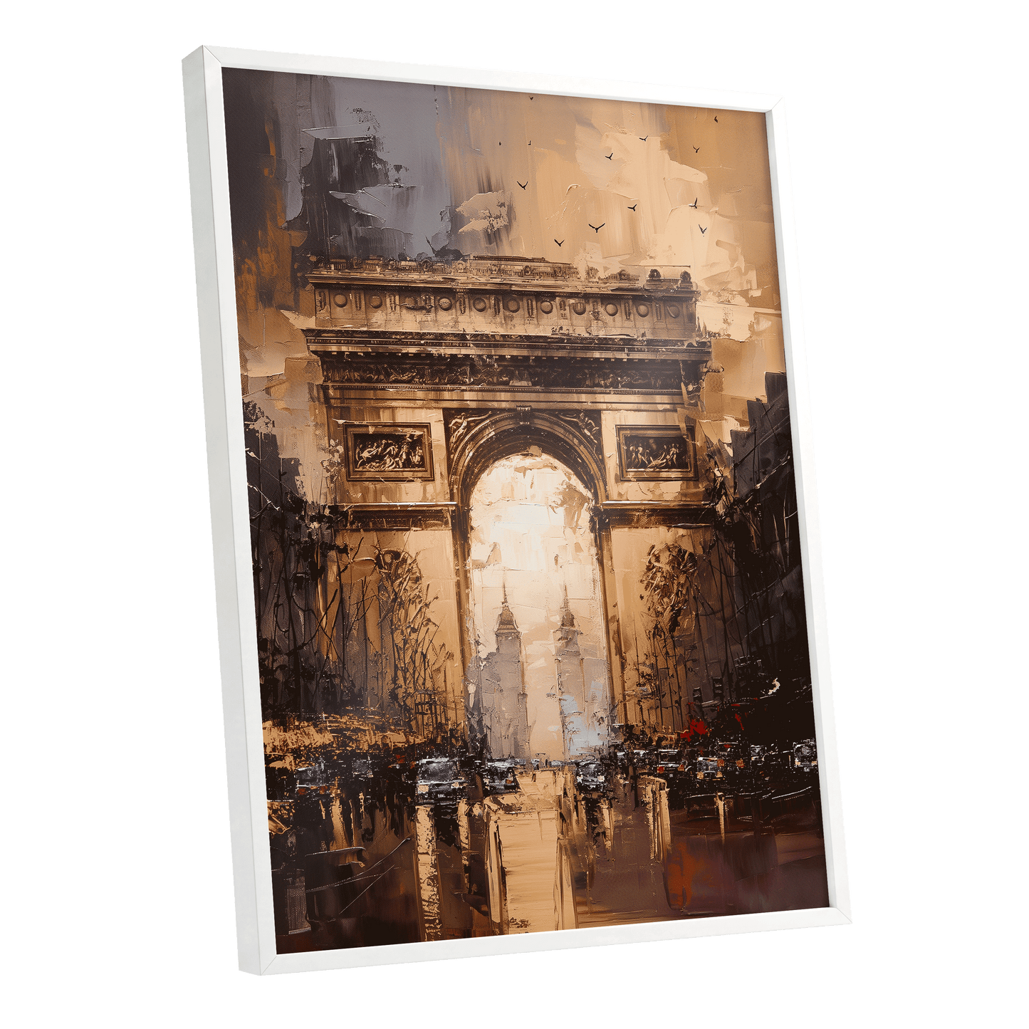 Parisian Passage, black, brown, gold abstract wall art shown as a white framed poster wall art print