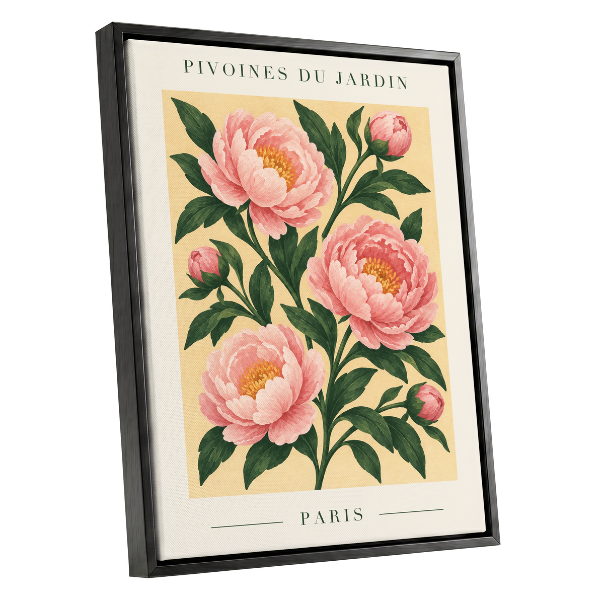 Parisian Peony Blush, pink, green, beige floral wall art shown as a black framed canvas wall art