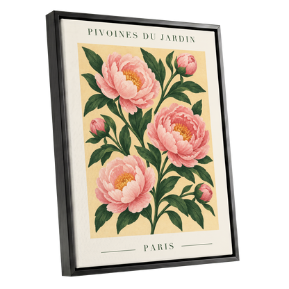 Parisian Peony Blush, pink, green, beige floral wall art shown as a black framed canvas wall art