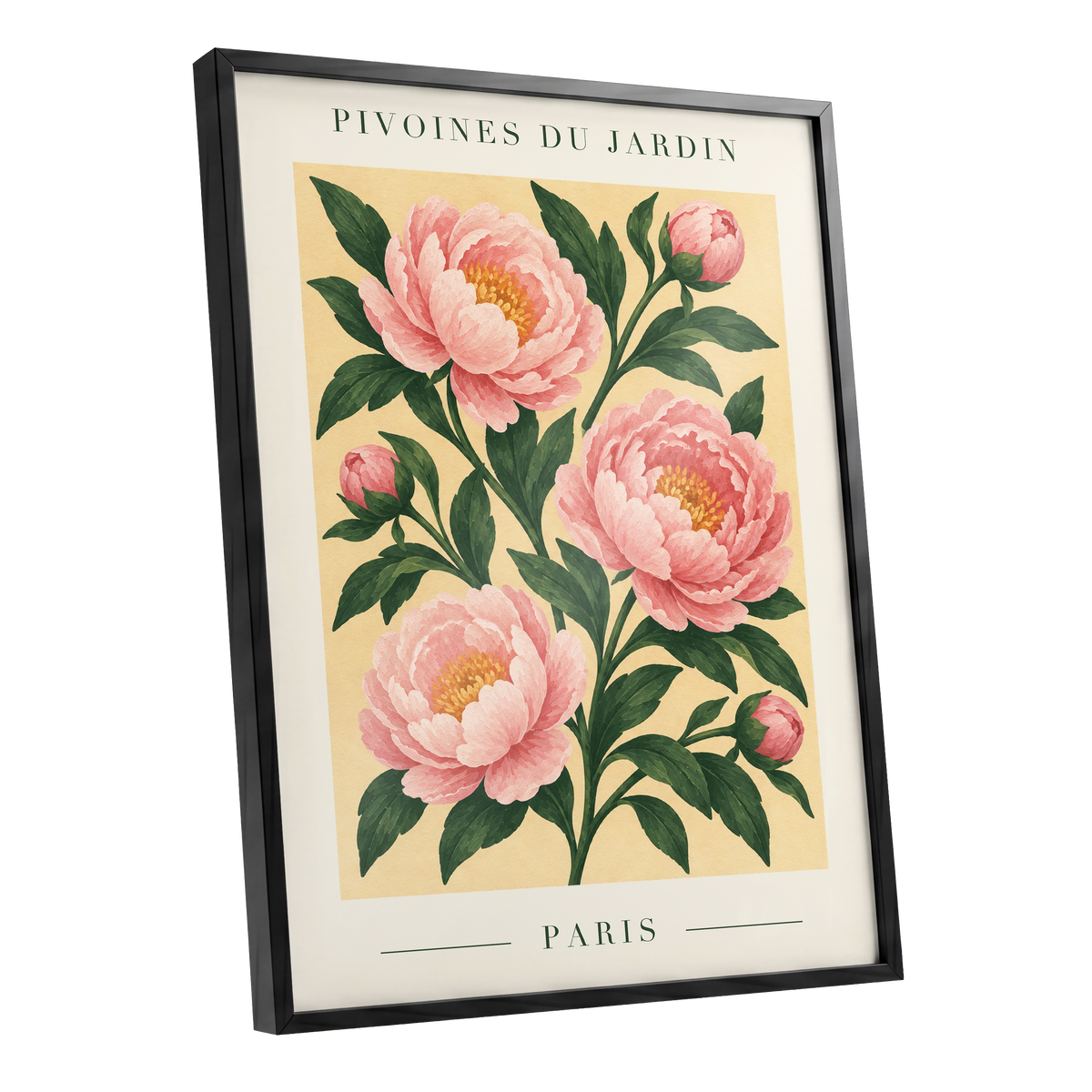 Parisian Peony Blush, pink, green, beige floral wall art shown as a black framed poster wall art print
