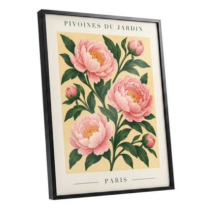 Parisian Peony Blush, pink, green, beige floral wall art shown as a black framed poster wall art print