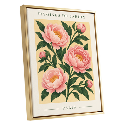 Parisian Peony Blush, pink, green, beige floral wall art shown as a gold framed canvas wall art
