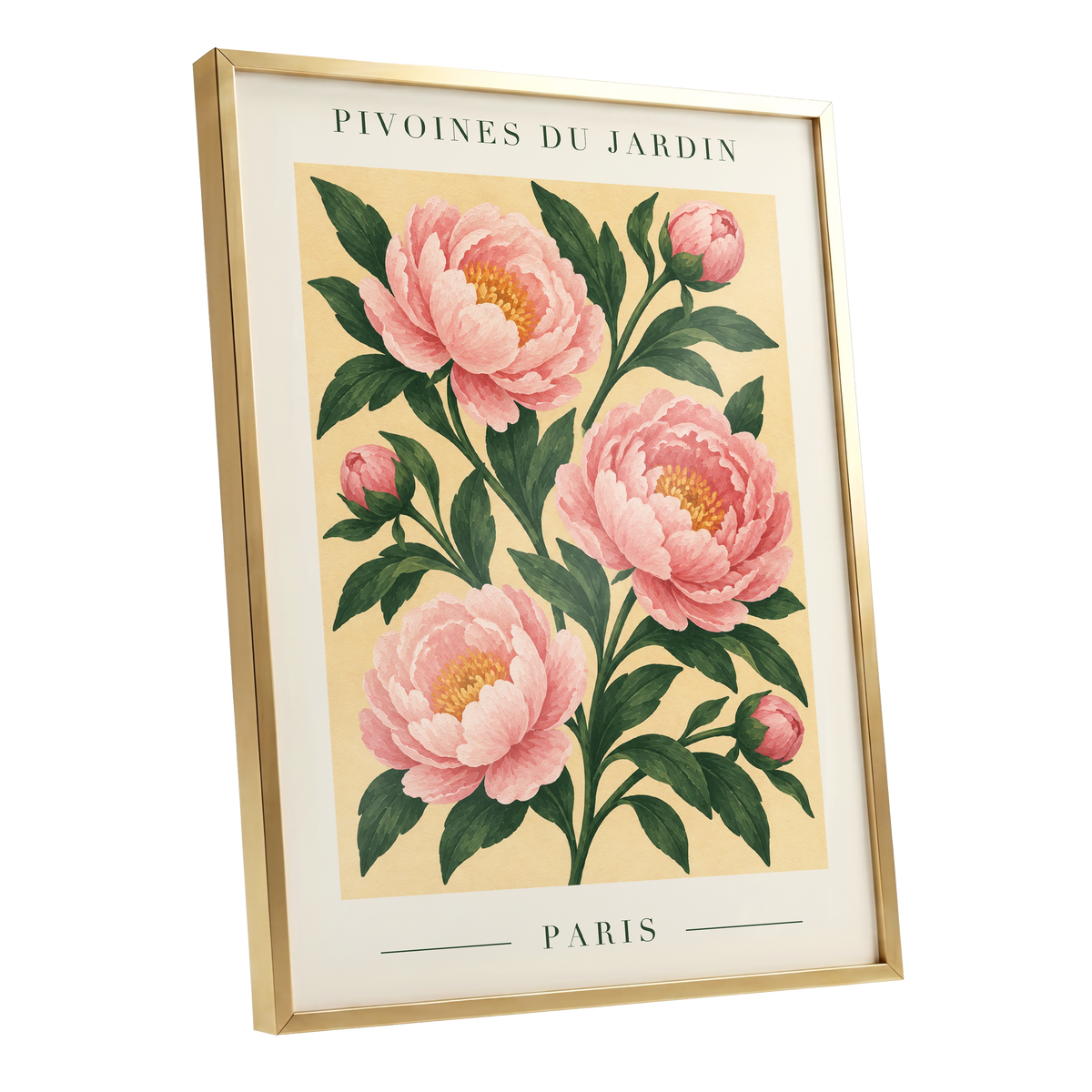 Parisian Peony Blush, pink, green, beige floral wall art shown as a gold framed poster wall art print