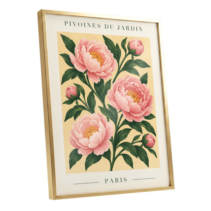 Parisian Peony Blush, pink, green, beige floral wall art shown as a gold framed poster wall art print