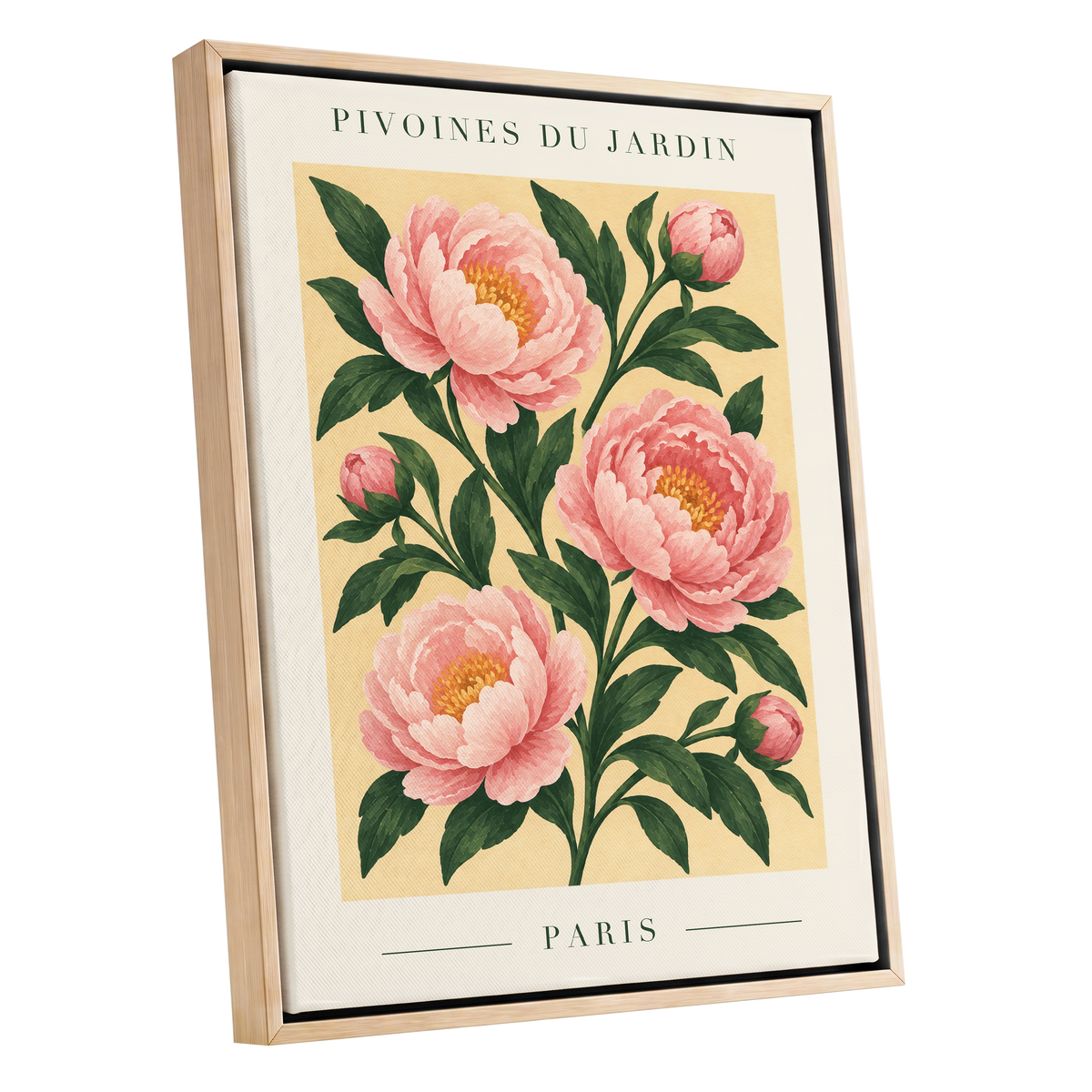 Parisian Peony Blush, pink, green, beige floral wall art shown as a oak framed canvas wall art