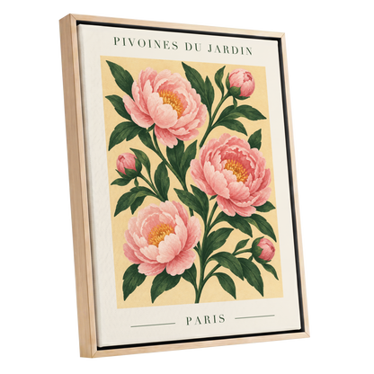 Parisian Peony Blush, pink, green, beige floral wall art shown as a oak framed canvas wall art