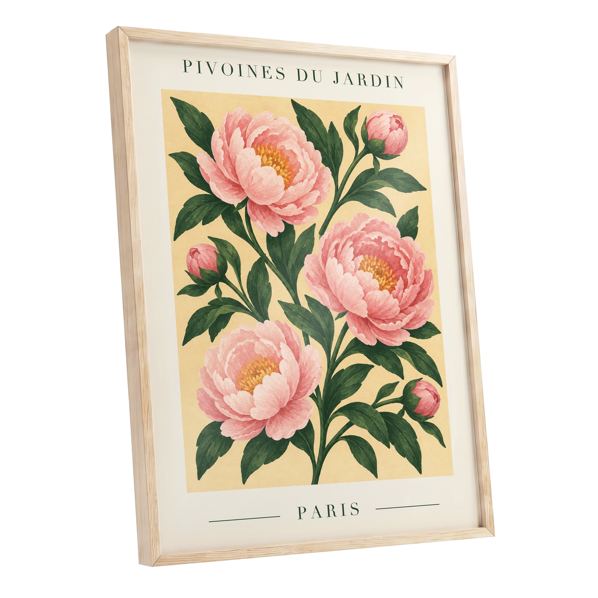 Parisian Peony Blush, pink, green, beige floral wall art shown as a oak framed poster wall art print