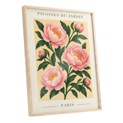 Parisian Peony Blush, pink, green, beige floral wall art shown as a oak framed poster wall art print