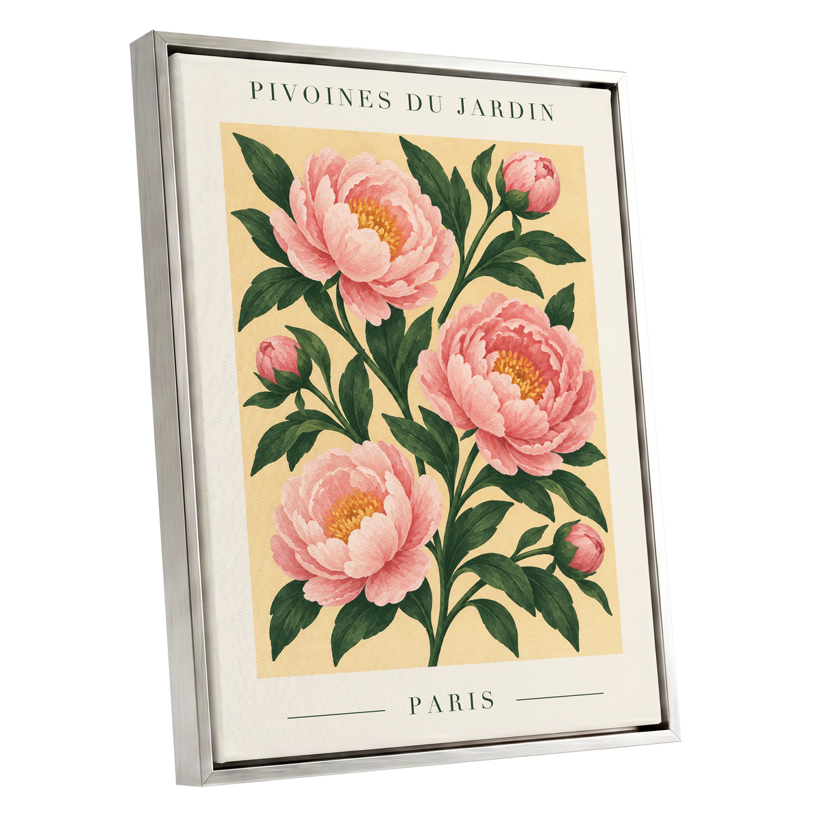 Parisian Peony Blush, pink, green, beige floral wall art shown as a silver framed canvas wall art