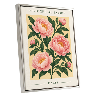 Parisian Peony Blush, pink, green, beige floral wall art shown as a silver framed canvas wall art