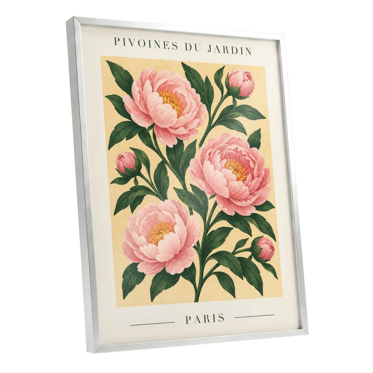 Parisian Peony Blush, pink, green, beige floral wall art shown as a silver framed poster wall art print