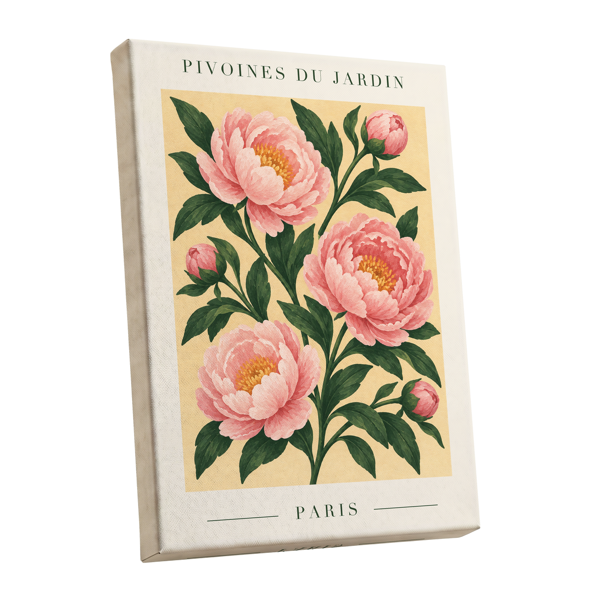 Parisian Peony Blush, pink, green, beige floral wall art shown as a stretched canvas wall art