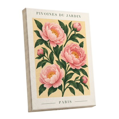 Parisian Peony Blush, pink, green, beige floral wall art shown as a stretched canvas wall art