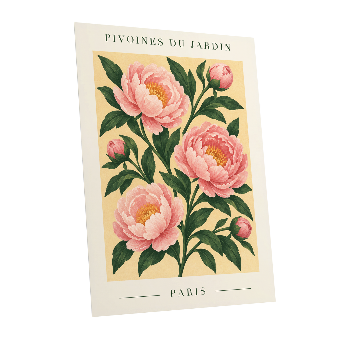Parisian Peony Blush, pink, green, beige floral wall art shown as a unframed poster wall art print