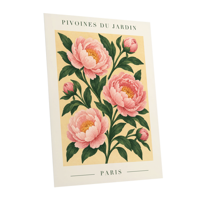 Parisian Peony Blush, pink, green, beige floral wall art shown as a unframed poster wall art print