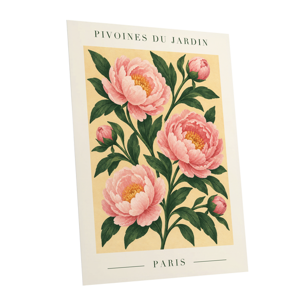 Parisian Peony Blush, pink, green, beige floral wall art shown as a unframed poster wall art print