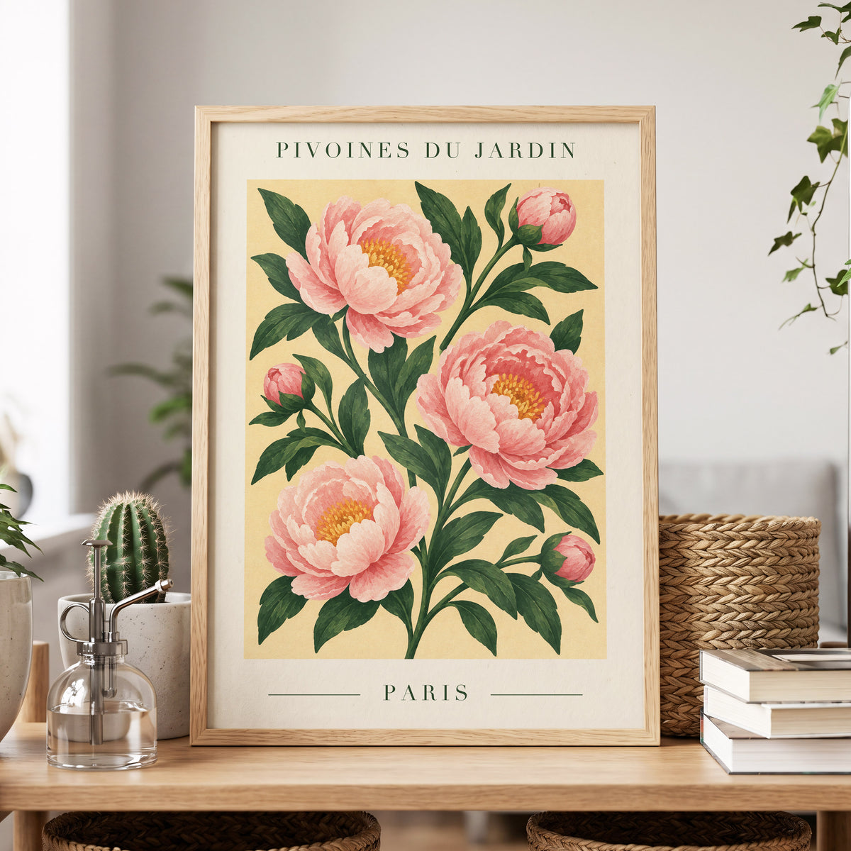 Parisian Peony Blush, pink, green, beige floral wall art displayed in a styled interior, gallery view 2