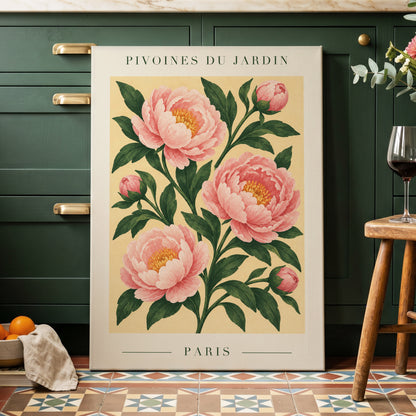 Parisian Peony Blush, pink, green, beige floral wall art displayed in a styled interior, gallery view 3